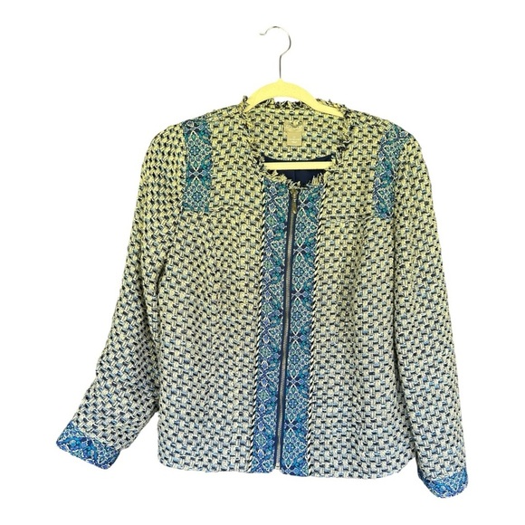 Chico's Blue Tweed Contrast Print Jacket Size 1P Full Zip Raw Edge - Picture 1 of 4